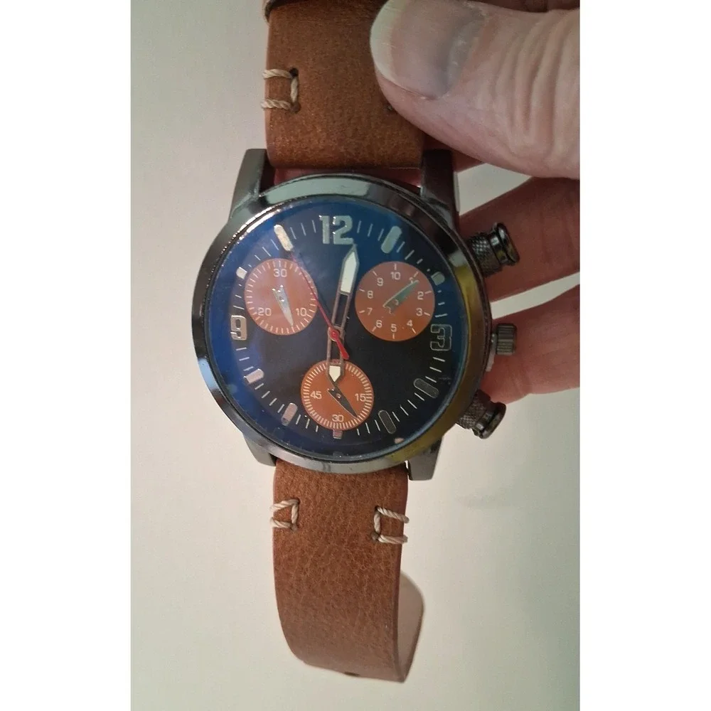 Chronograph Watch Dark Brown face Brown subdials Brown leather strap Working